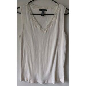 Apostrophe Women's Plus Ribbed Tank Lace Detail V-Neck Off‎ White Size 16-18W